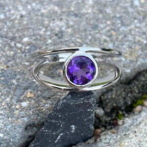 Split Shank Amethyst Round Bezel Set Ring
