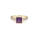 Square Cut Amethyst, Diamond and Yellow gold ring