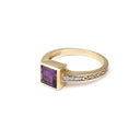Square Cut Amethyst, Diamond and Yellow gold ring