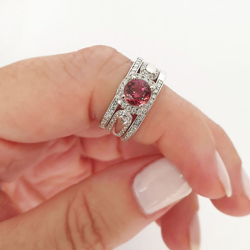 Square Diamond Halo, Cushion Cut Pink Tourmaline and Diamond Band Wedding Set