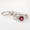 Square Diamond Halo, Cushion Cut Pink Tourmaline and Diamond Band Wedding Set