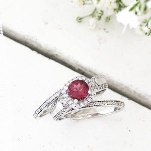 Square Diamond Halo, Cushion Cut Pink Tourmaline and Diamond Band Wedding Set