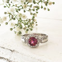 Square Diamond Halo, Cushion Cut Pink Tourmaline and Diamond Band Wedding Set