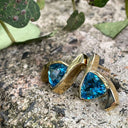 Stand Out Trilliant Cut Blue Topaz Yellow Gold Earrings