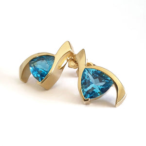 Stand Out Trilliant Cut Blue Topaz Yellow Gold Earrings