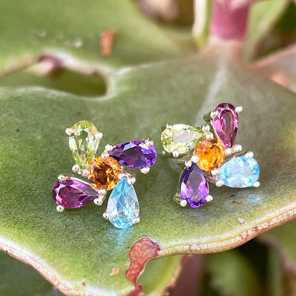 Starburst Multicolour Gemstone Yellow Gold Earrings
