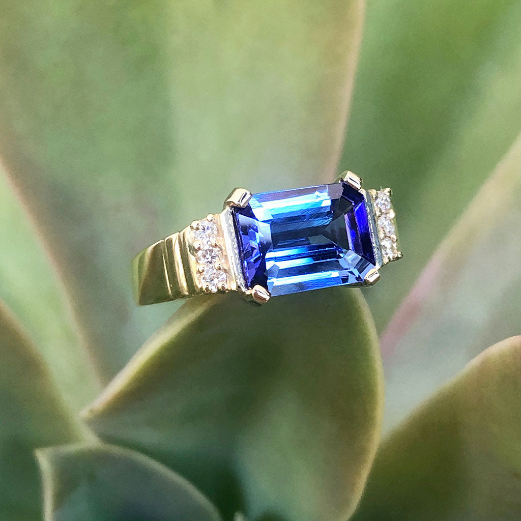 Stepped Shoulder Emerald Cut Tanzanite and Diamond Yellow Gold Ring