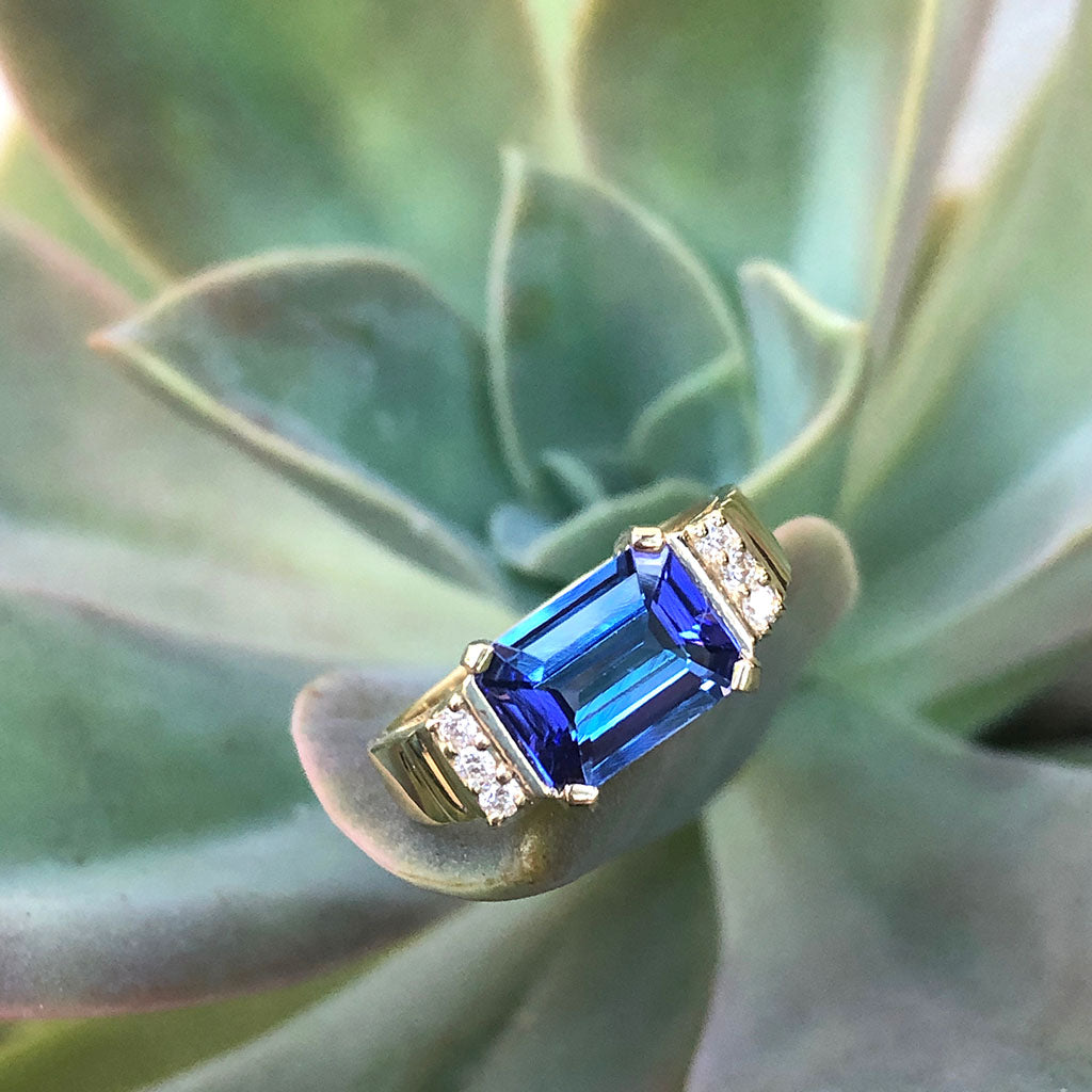 Stepped Shoulder Emerald Cut Tanzanite and Diamond Yellow Gold Ring