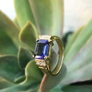 Stepped Shoulder Emerald Cut Tanzanite and Diamond Yellow Gold Ring