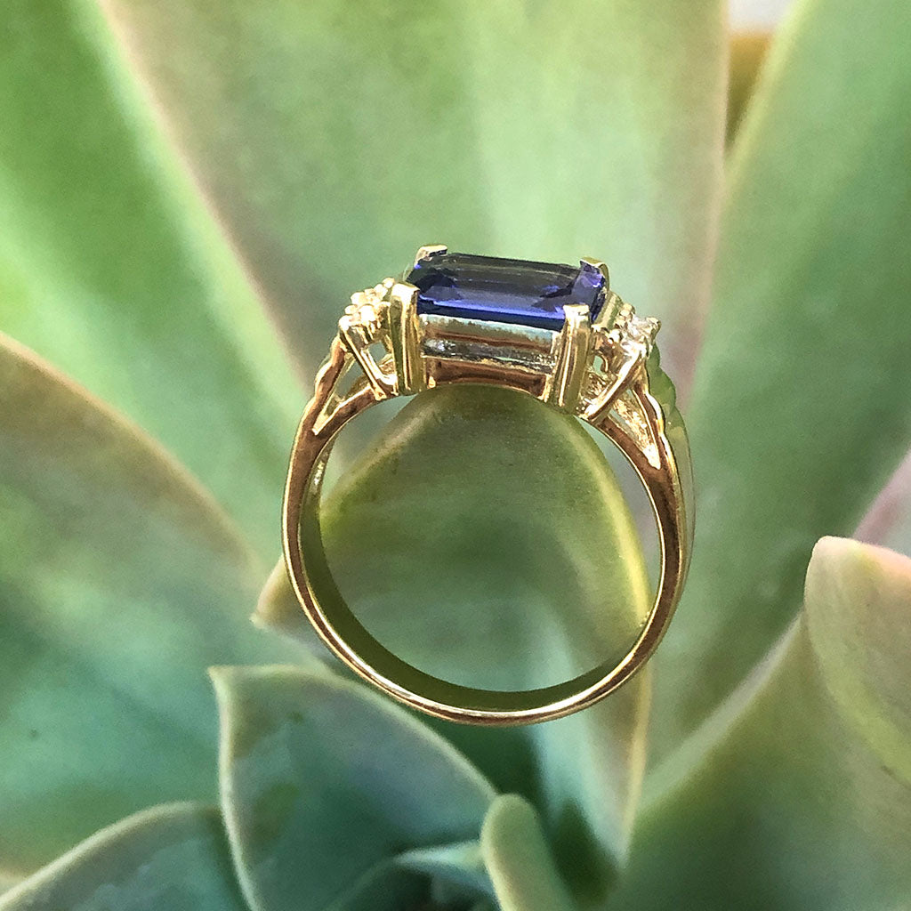 Stepped Shoulder Emerald Cut Tanzanite and Diamond Yellow Gold Ring