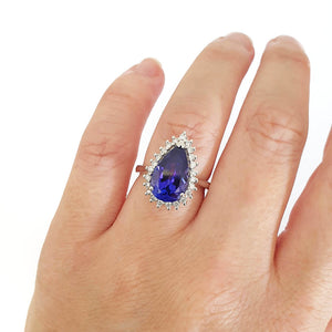 Stunning Pronounced Diamond Halo Pear Cut Tanzanite Ring