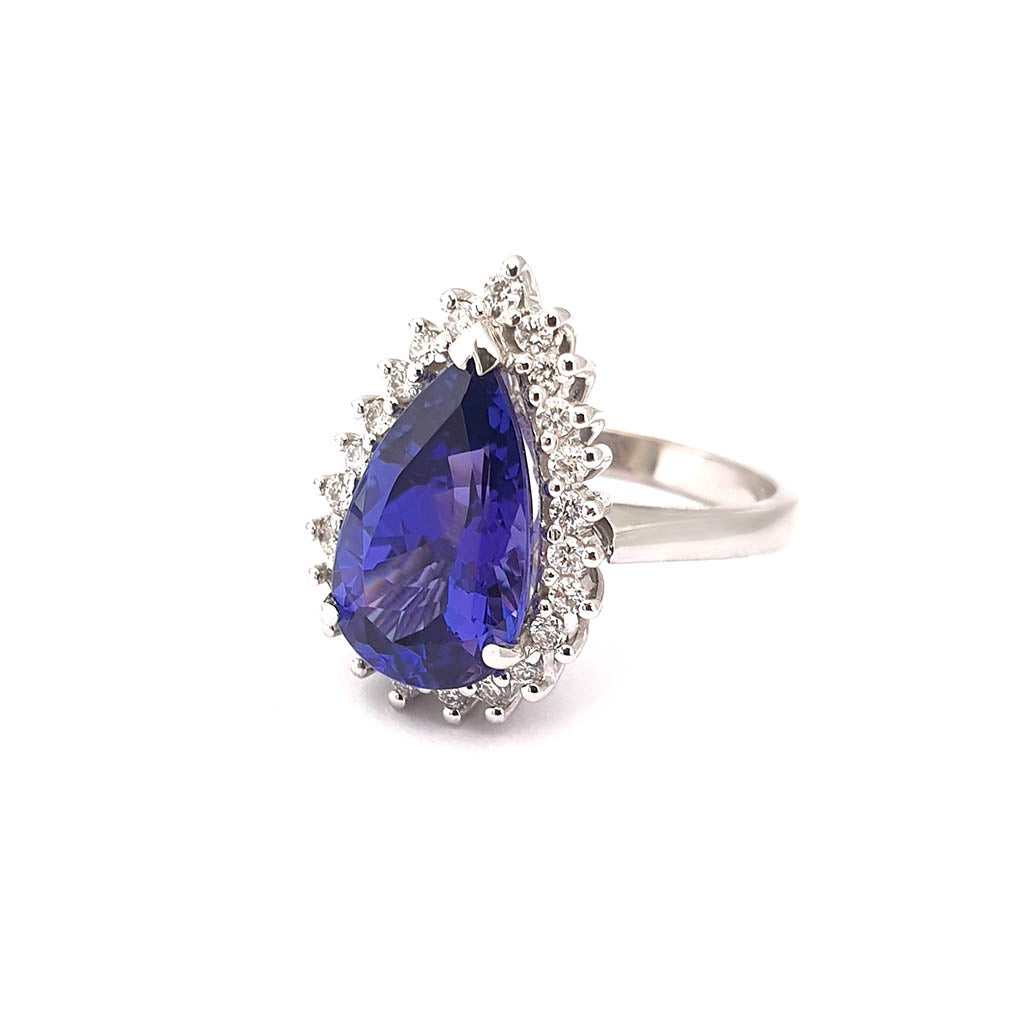Stunning Pronounced Diamond Halo Pear Cut Tanzanite Ring