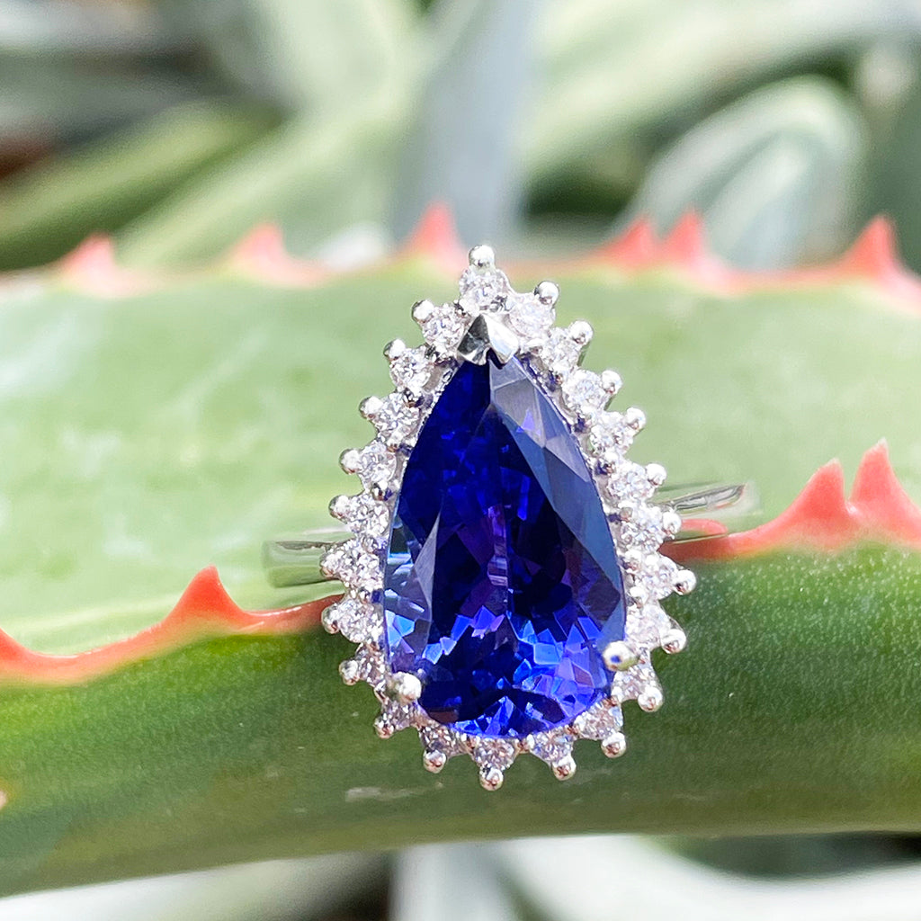Stunning Pronounced Diamond Halo Pear Cut Tanzanite Ring