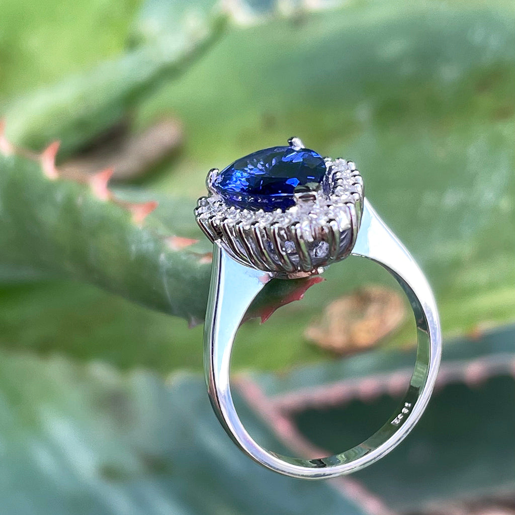 Stunning Pronounced Diamond Halo Pear Cut Tanzanite Ring