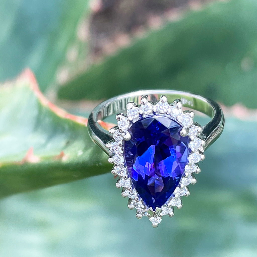 Stunning Pronounced Diamond Halo Pear Cut Tanzanite Ring