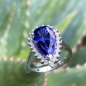 Stunning Pronounced Diamond Halo Pear Cut Tanzanite Ring