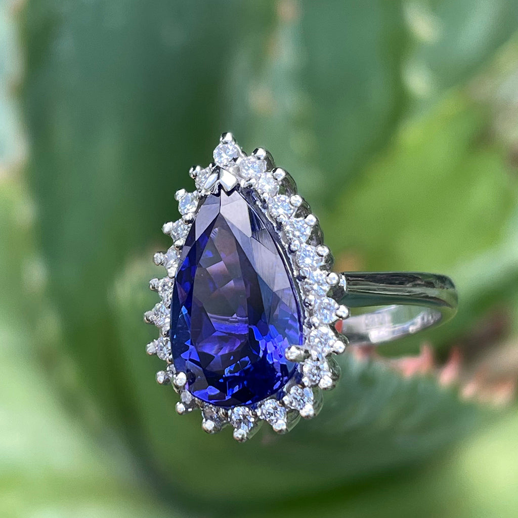 Stunning Pronounced Diamond Halo Pear Cut Tanzanite Ring