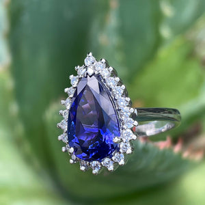 Stunning Pronounced Diamond Halo Pear Cut Tanzanite Ring