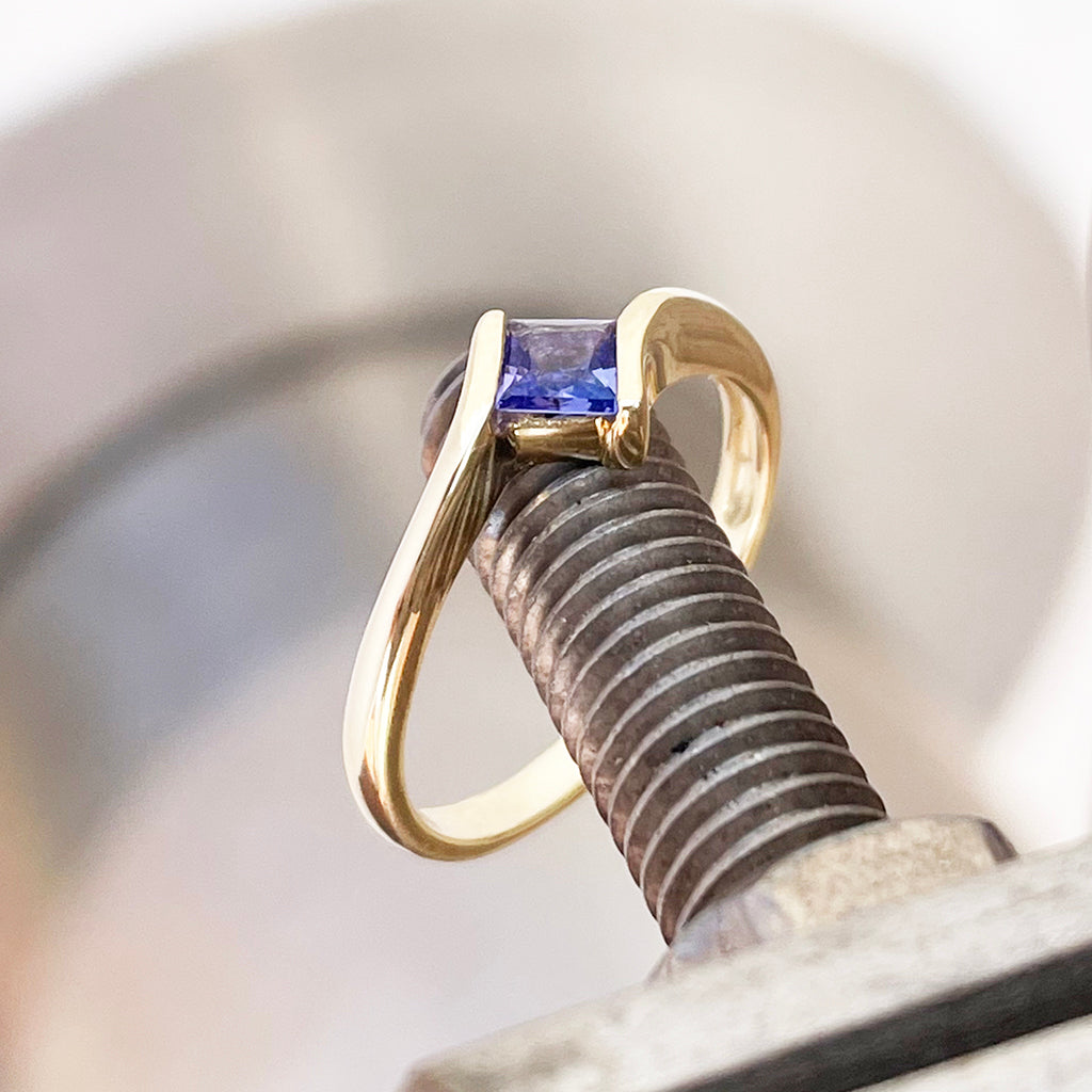 Stunning Solitaire Square Tanzanite Yellow Gold Ring