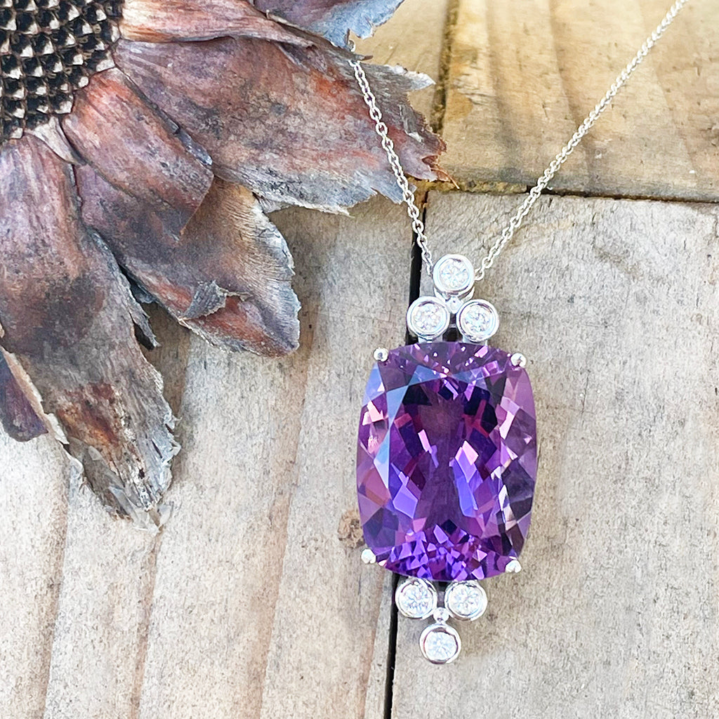 Sumptuous Handcrafted Double Diamond Trilogy Amethyst Pendant