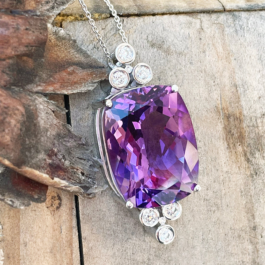 Sumptuous Handcrafted Double Diamond Trilogy Amethyst Pendant