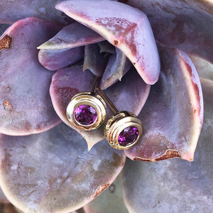 Thick Yellow Gold Grape Garnet Studs