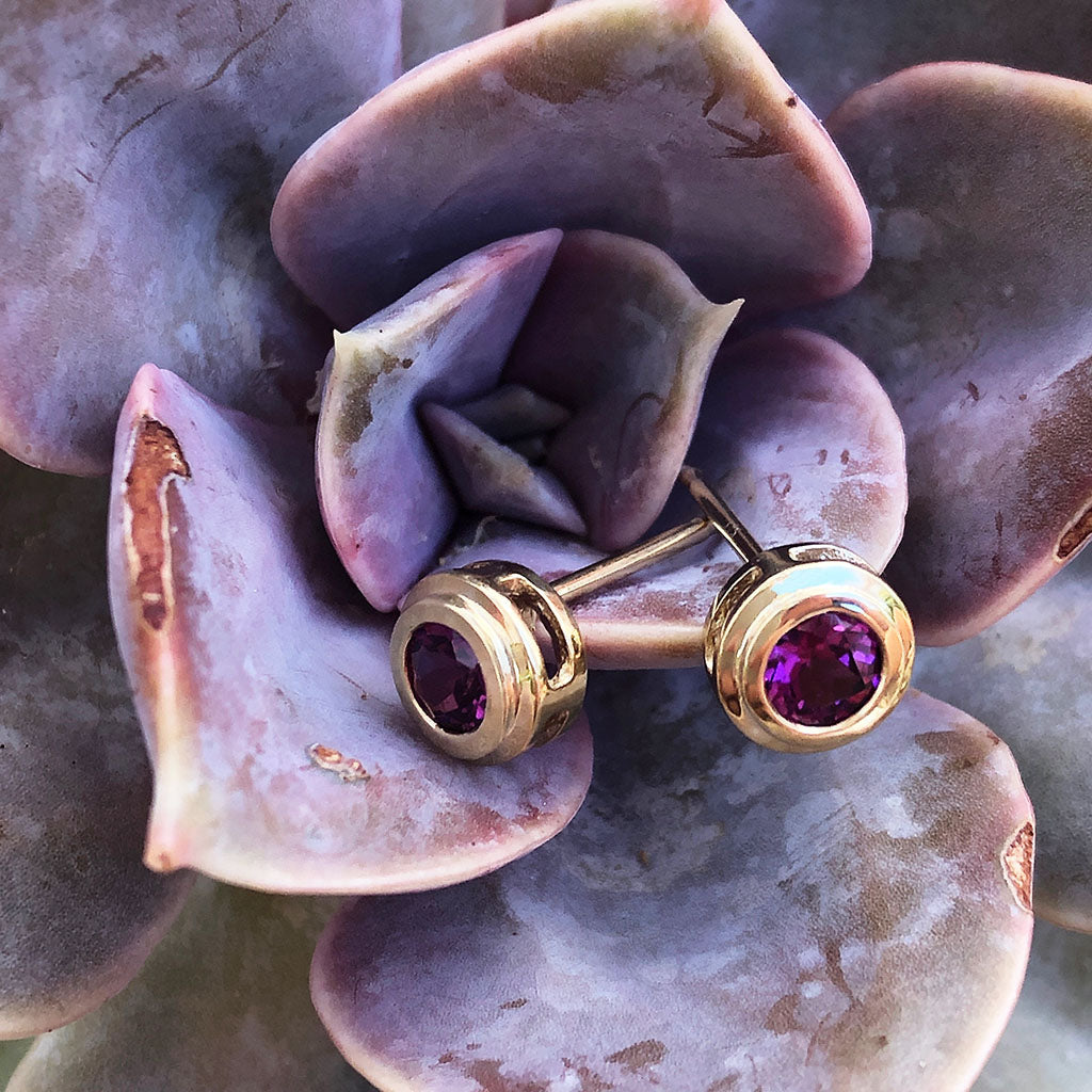 Thick Yellow Gold Grape Garnet Studs