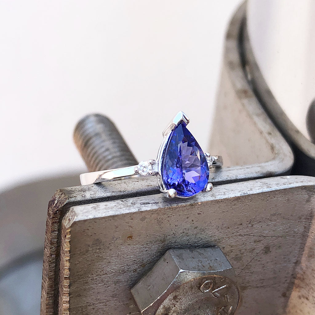 Thin White Gold Band, Pear Cut Tanzanite with Petite Diamond Accent Ring