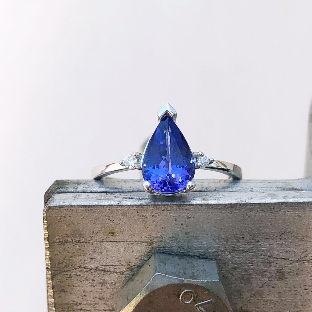 Thin White Gold Band, Pear Cut Tanzanite with Petite Diamond Accent Ring