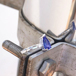 Thin White Gold Band, Pear Cut Tanzanite with Petite Diamond Accent Ring