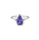 Thin White Gold Band, Pear Cut Tanzanite with Petite Diamond Accent Ring