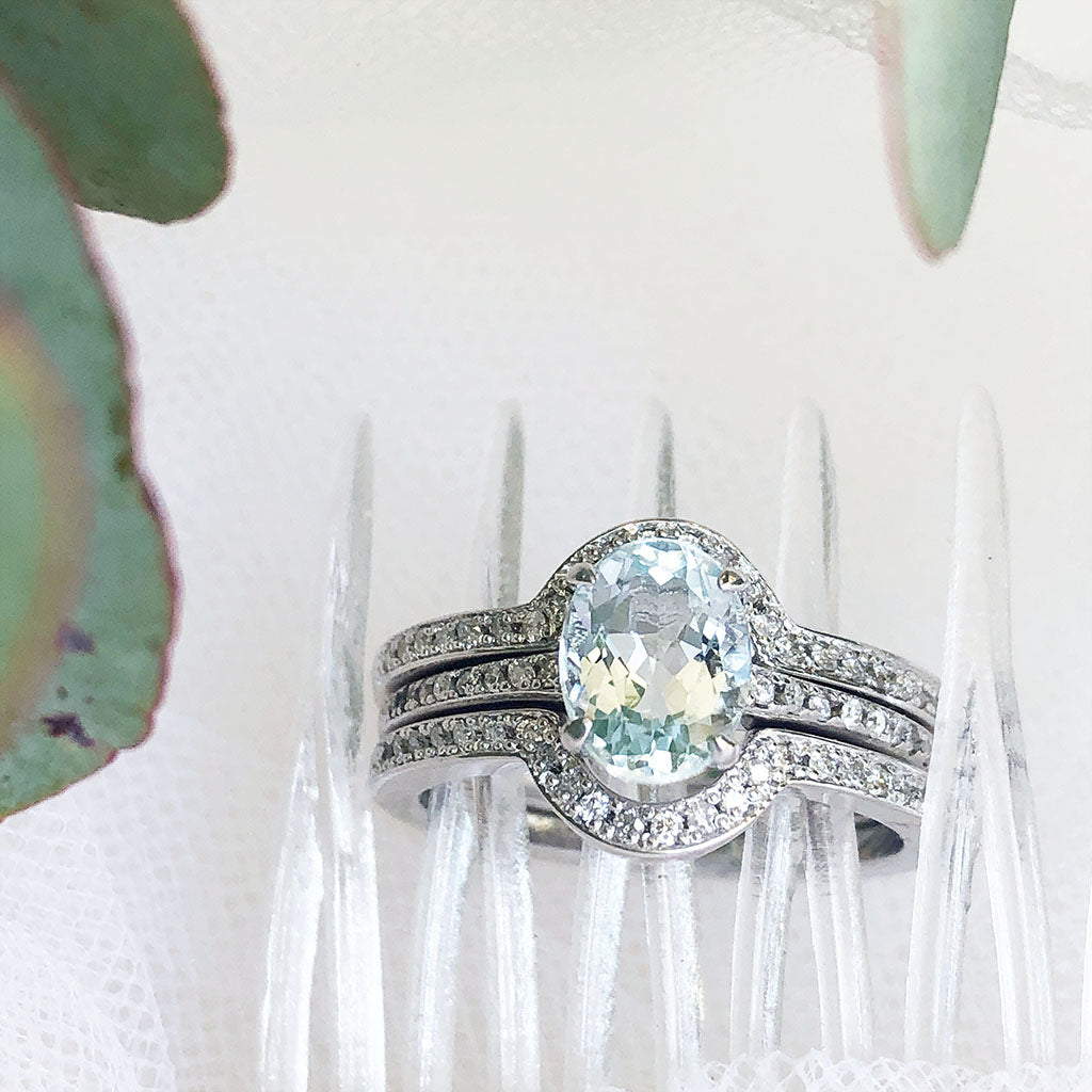 Three Band Diamond and Oval Aquamarine Wedding Set 