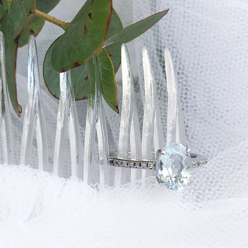 Three Band Diamond and Oval Aquamarine Wedding Set 