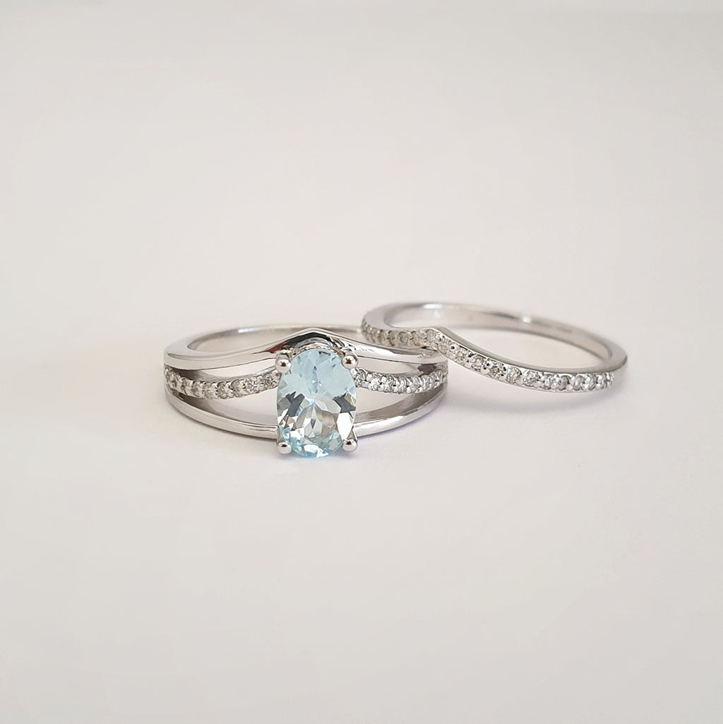 Three Band Split Shoulder Oval Aquamarine and Diamond Wedding Set