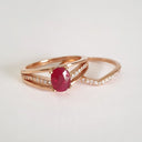 Three Band Split Shoulder Oval Ruby and Diamond Wedding Set