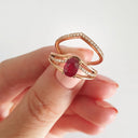Three Band Split Shoulder Oval Ruby and Diamond Wedding Set