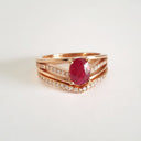 Three Band Split Shoulder Oval Ruby and Diamond Wedding Set