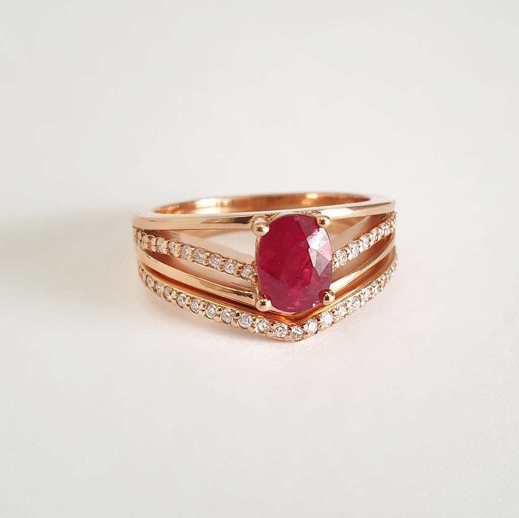 Three Band Split Shoulder Oval Ruby and Diamond Wedding Set