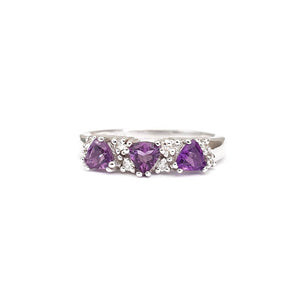 Three Trilliant Cut Amethyst with Diamond Accent Ring