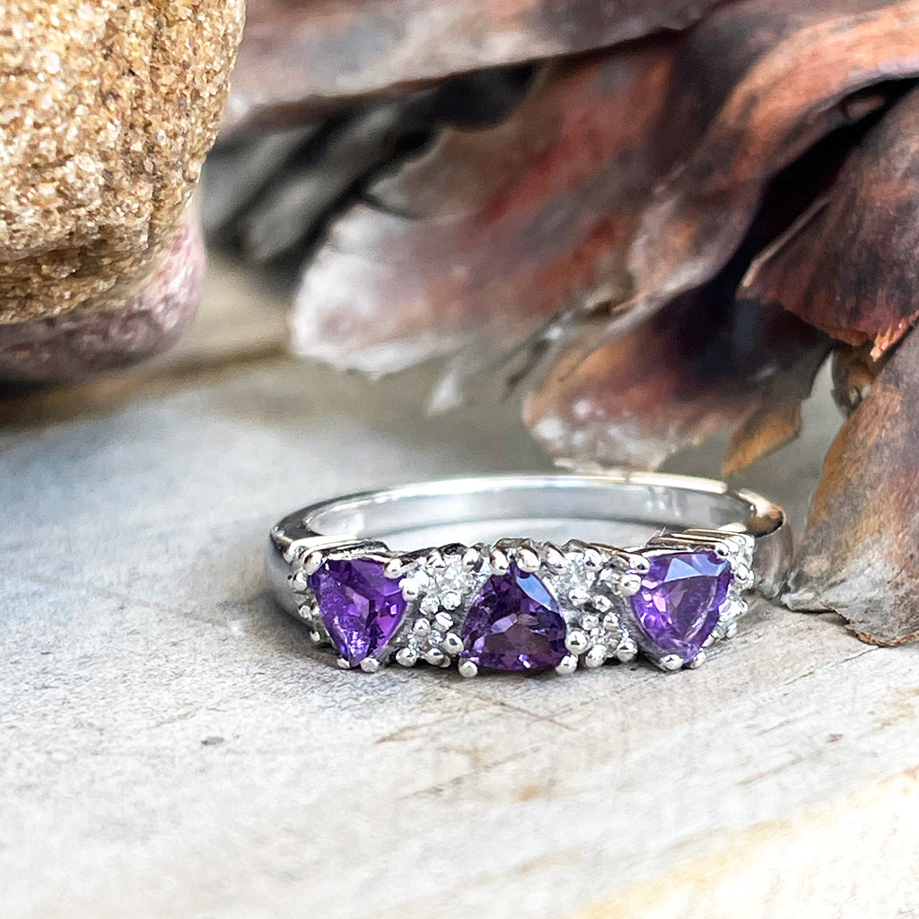 Three Trilliant Cut Amethyst with Diamond Accent Ring