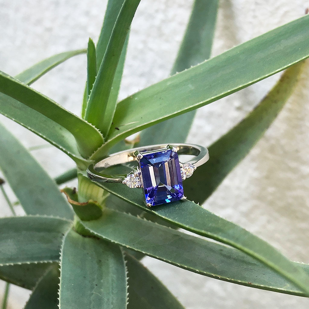 Timeless Emerald Cut Tanzanite and Petite Diamond Accent Ring