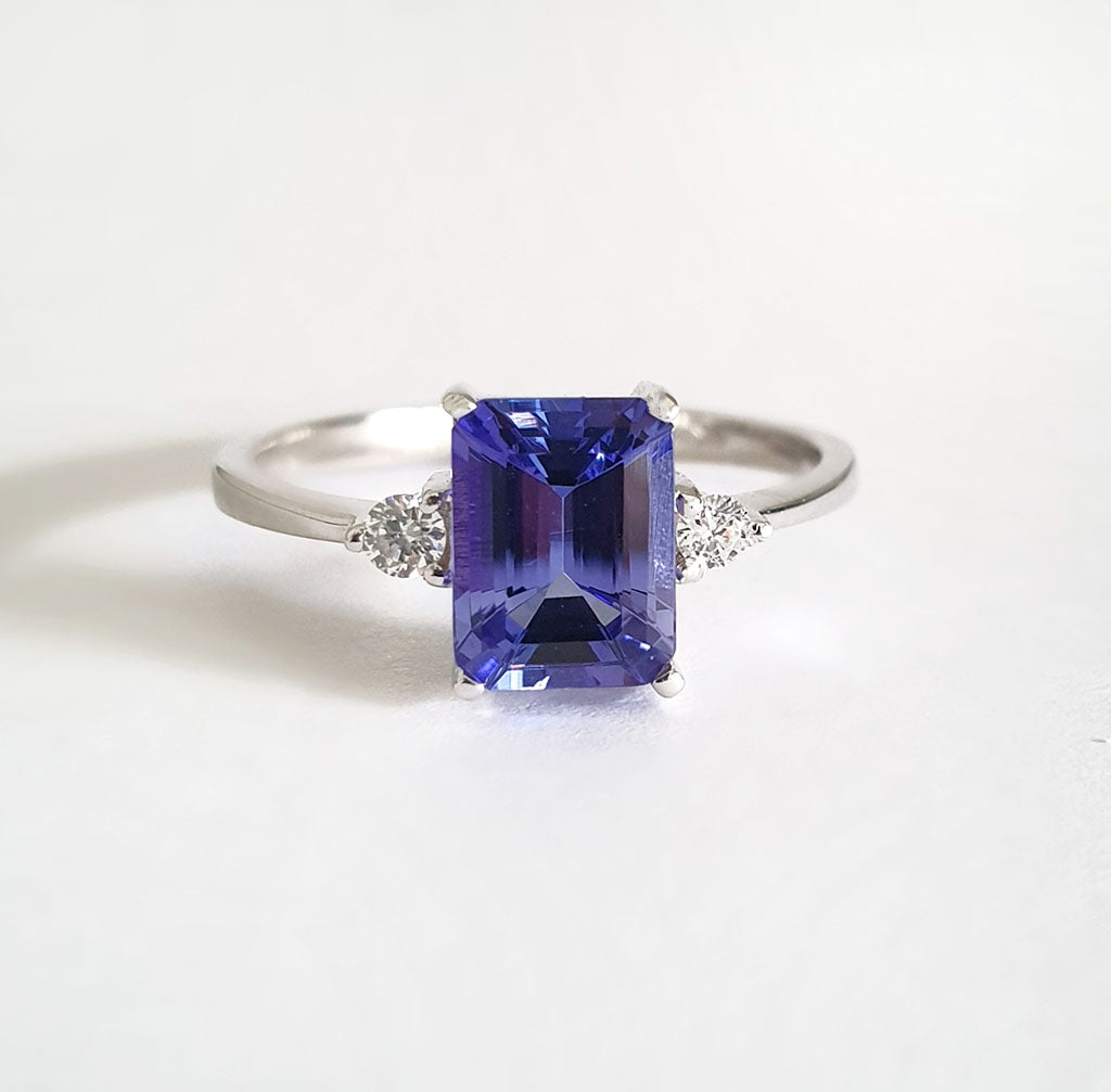 Timeless Emerald Cut Tanzanite and Petite Diamond Accent Ring