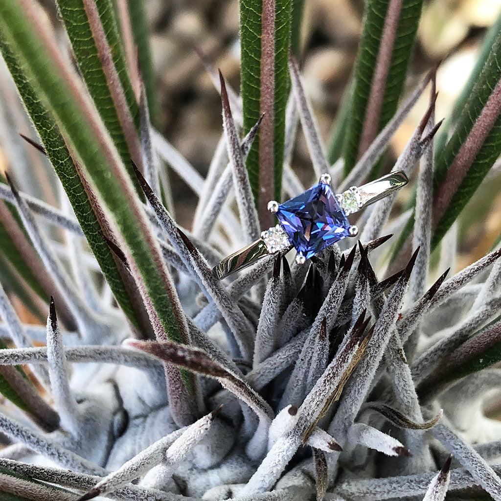 Contemporary Square Cut Tanzanite and Petite Diamond Accent Ring