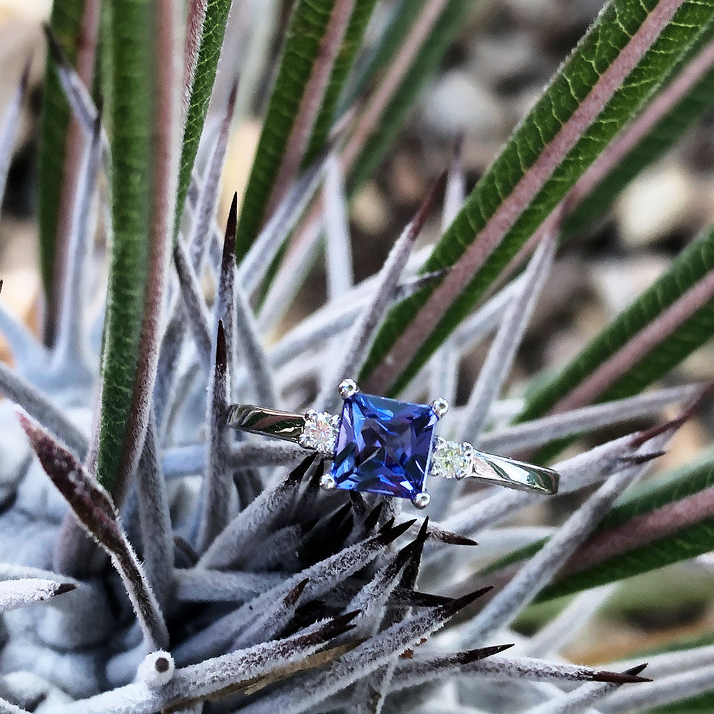 Contemporary Square Cut Tanzanite and Petite Diamond Accent Ring