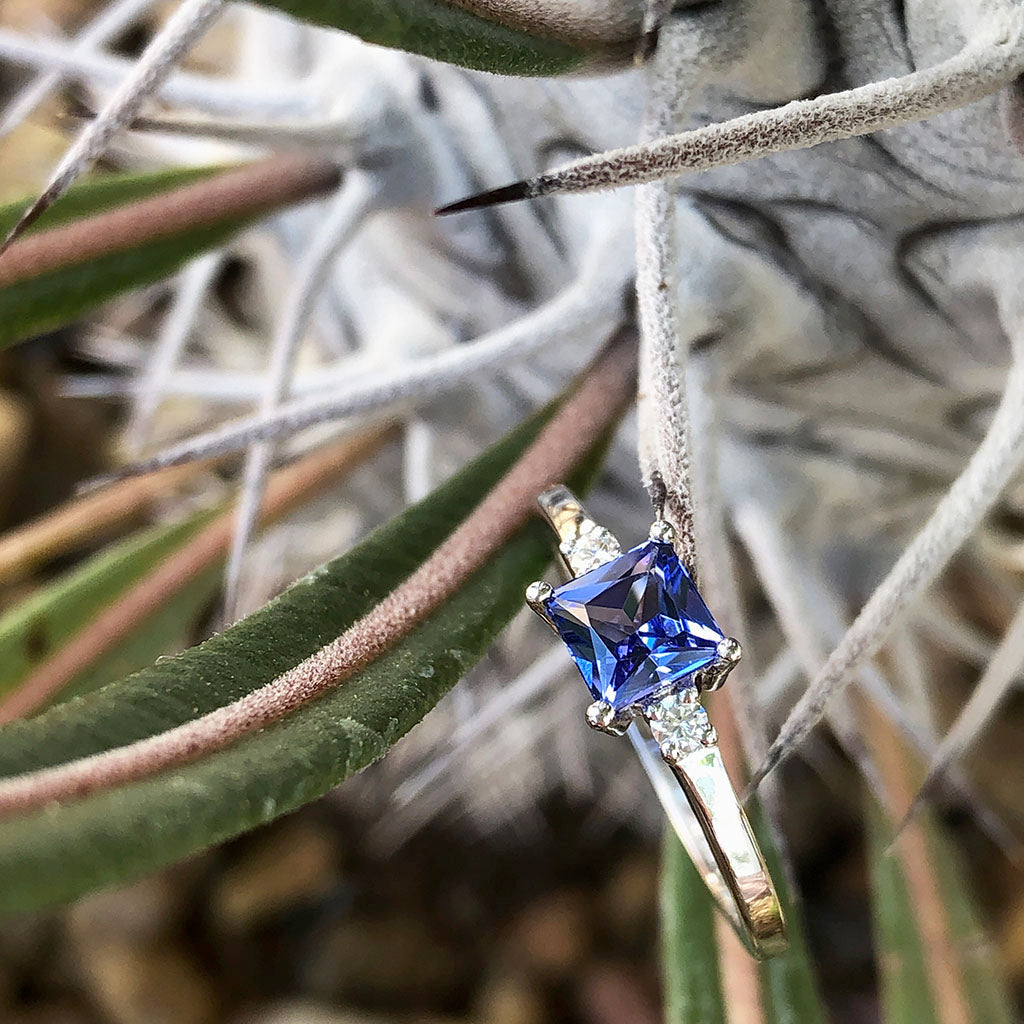 Contemporary Square Cut Tanzanite and Petite Diamond Accent Ring