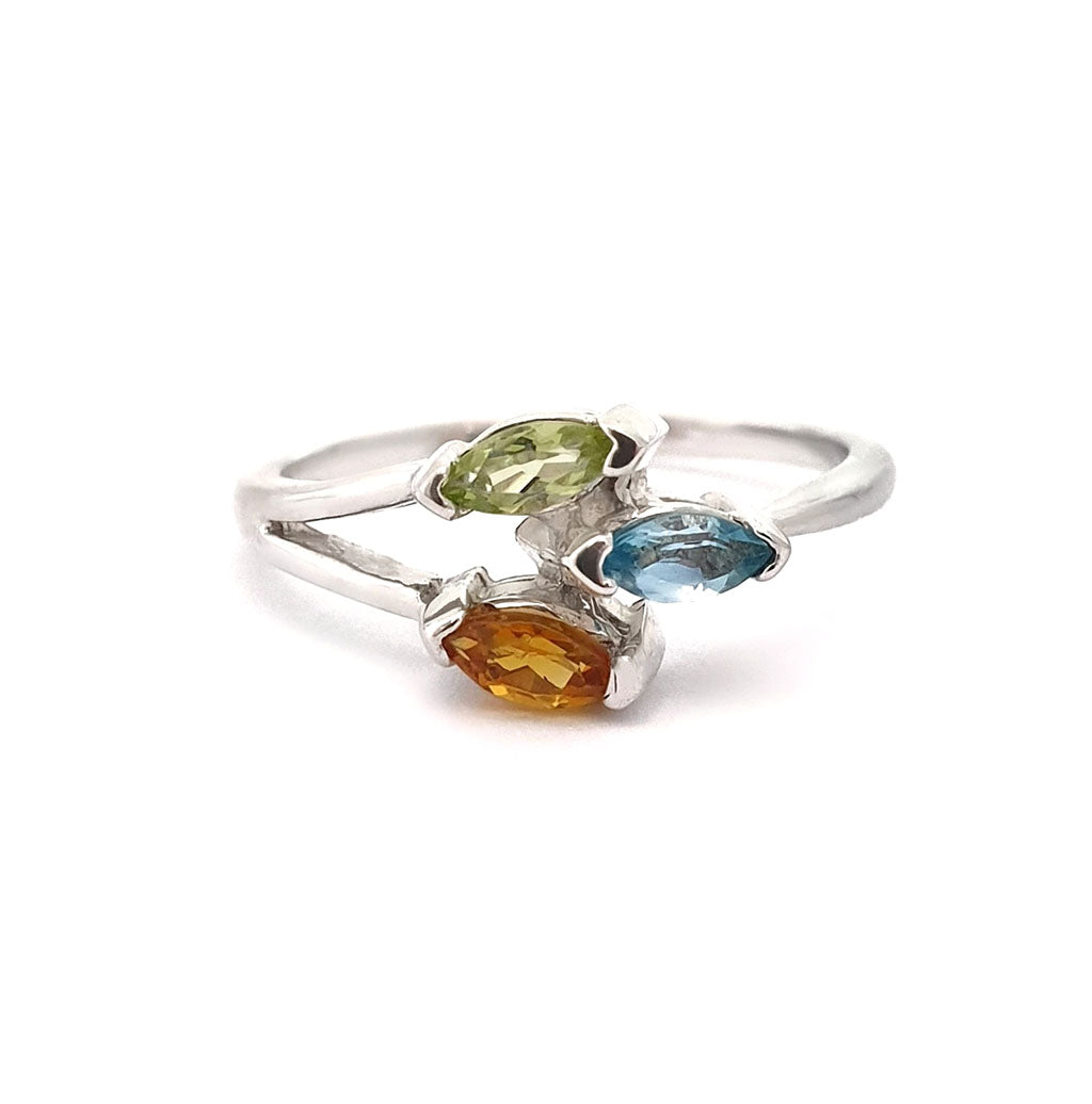  Tricolour Gemstone Marquise Cut Trilogy Silver ring