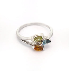  Tricolour Gemstone Marquise Cut Trilogy Silver ring