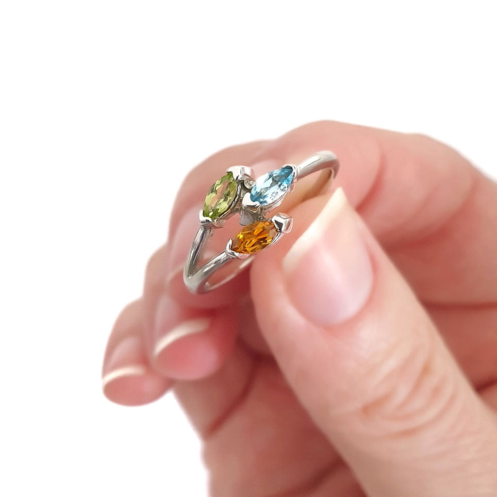  Tricolour Gemstone Marquise Cut Trilogy Silver ring