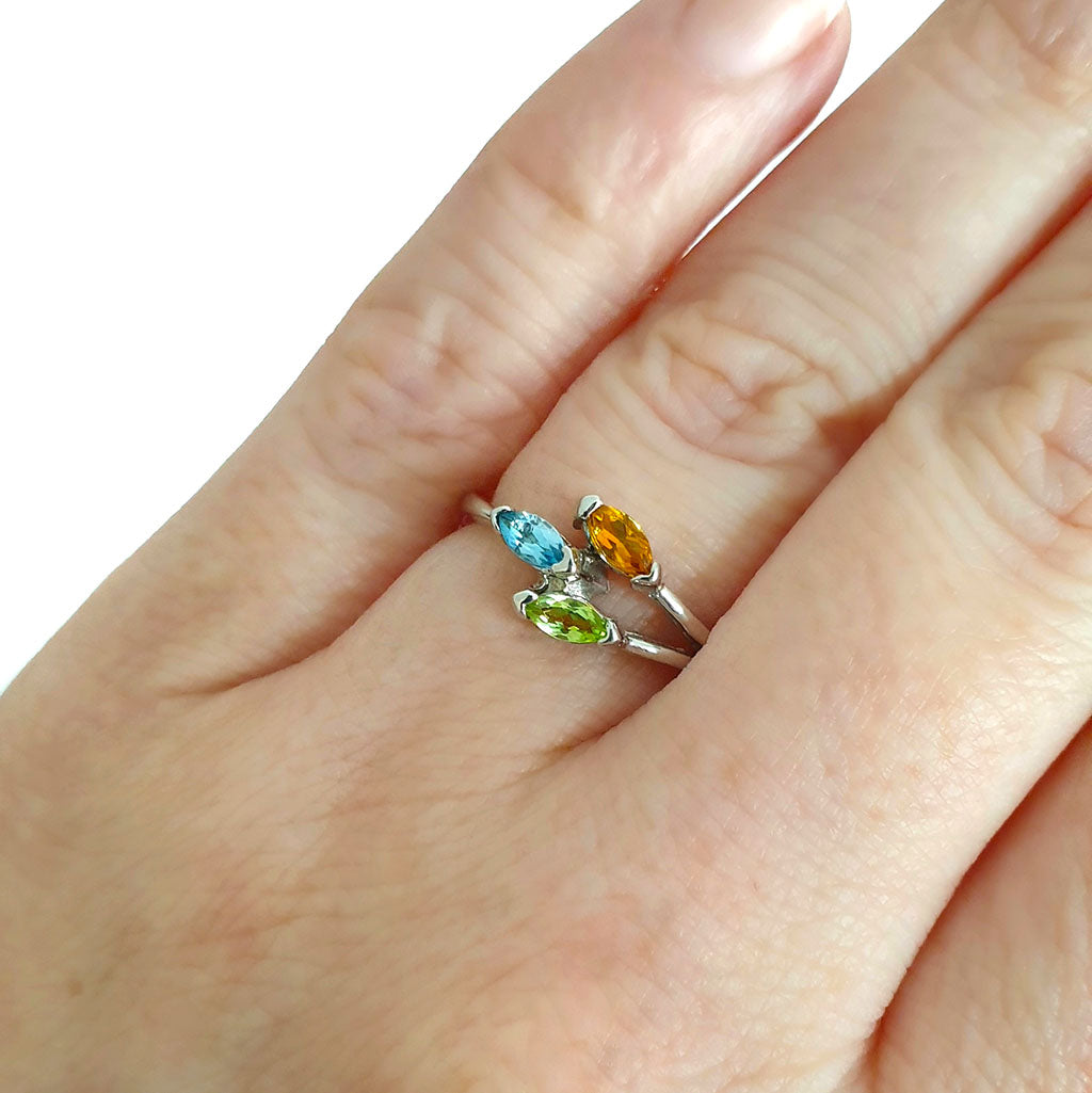  Tricolour Gemstone Marquise Cut Trilogy Silver ring