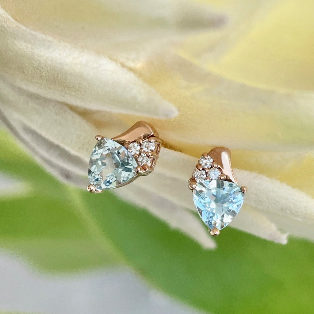 Trilliant Aquamarine Rose Gold Studs with Accent Diamonds